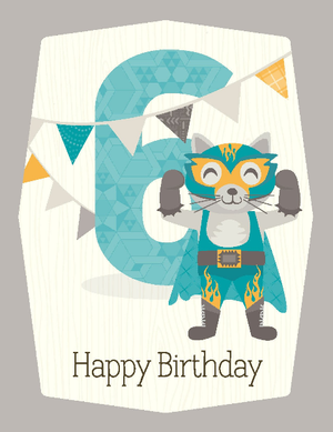 kids blue raccoon super hero 6th birthday greeting card
