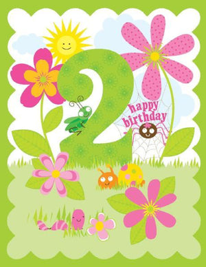 kid 2nd Birthday Card with flowers and bugs