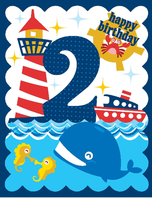 kids 2nd birthday card with lighthouse and whale