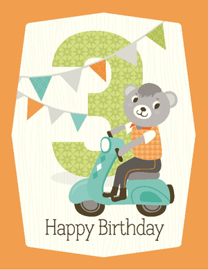 kids bear riding scooter 3rd birthday card