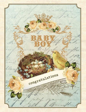 Vintage Birds Nest congratulations new baby boy greeting card