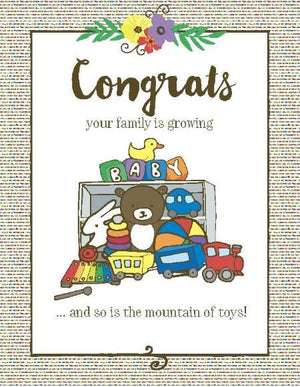 New baby mountain of toys congrats greeting card