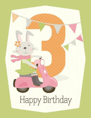 Kids bunny riding scooter 3rd  Birthday Card