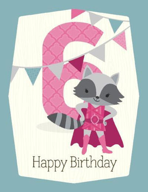 kids pink Raccoon super hero 6th Birthday Card 